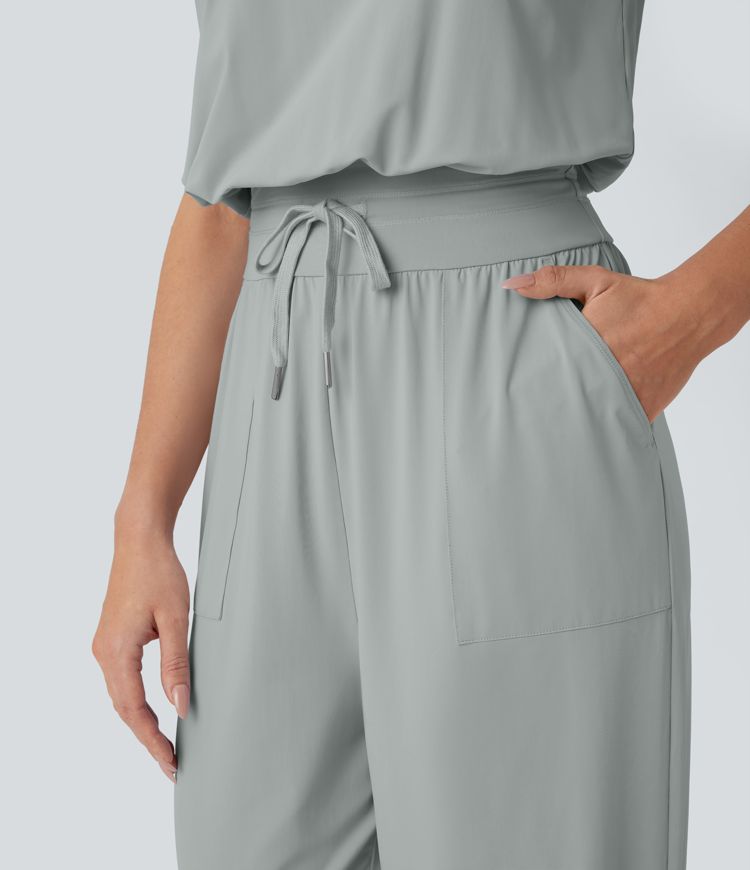 Ausgeschnittenes Kordelzug-Taschen Yoga-Overall mit Kühleffekt-UPF50+