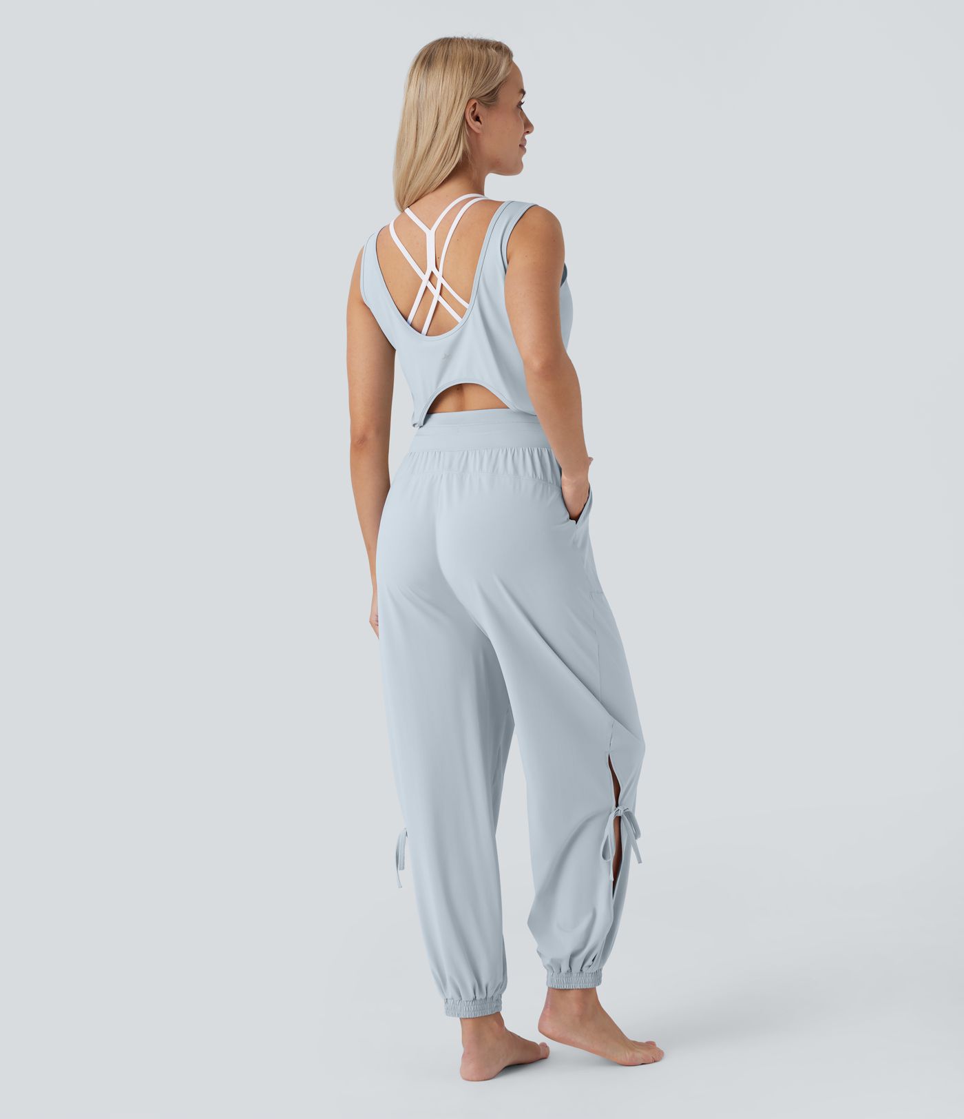Sleeveless Cut Out Drawstring Pocket Cool Touch Yoga Jumpsuit-UPF50+