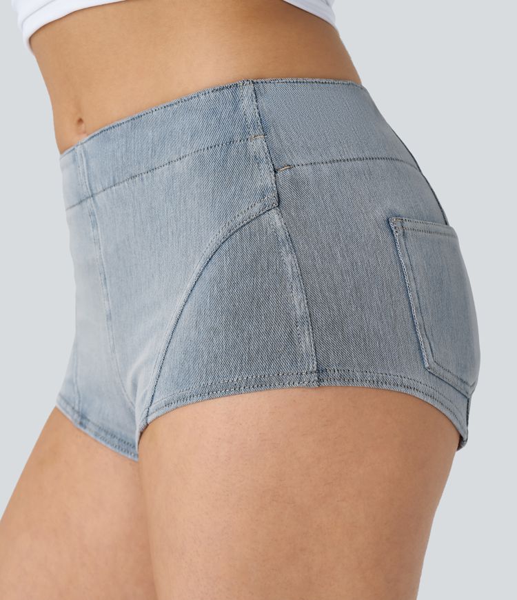 Halara Flex™ Mid Rise Back Pocket Stretchy Knit Denim Casual Hot Shorts 1''