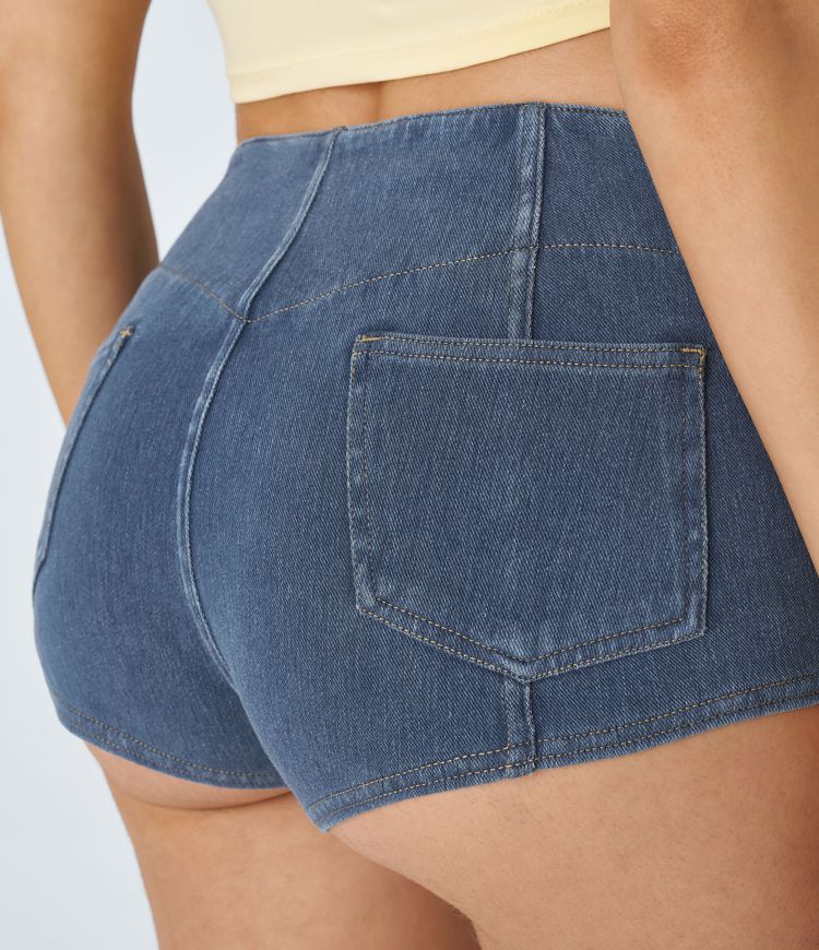 Halara Flex™ Short 2,5cm Casual en Denim Tricoté Extensible à Taille Moyenne avec Poche au Dos