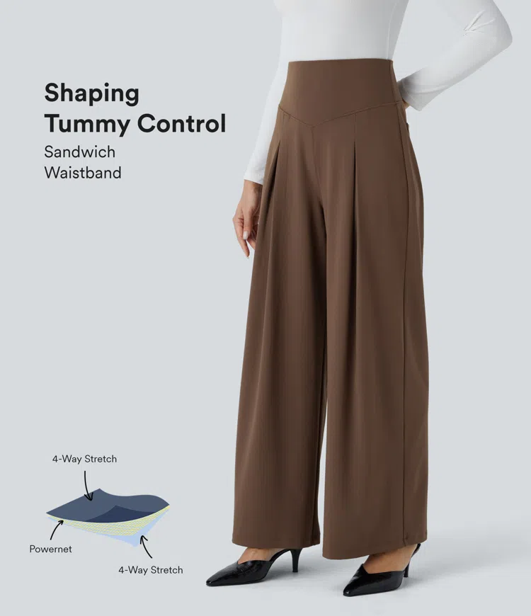 Super high-waist abdomen correction wrinkle back pocket wide work look pants