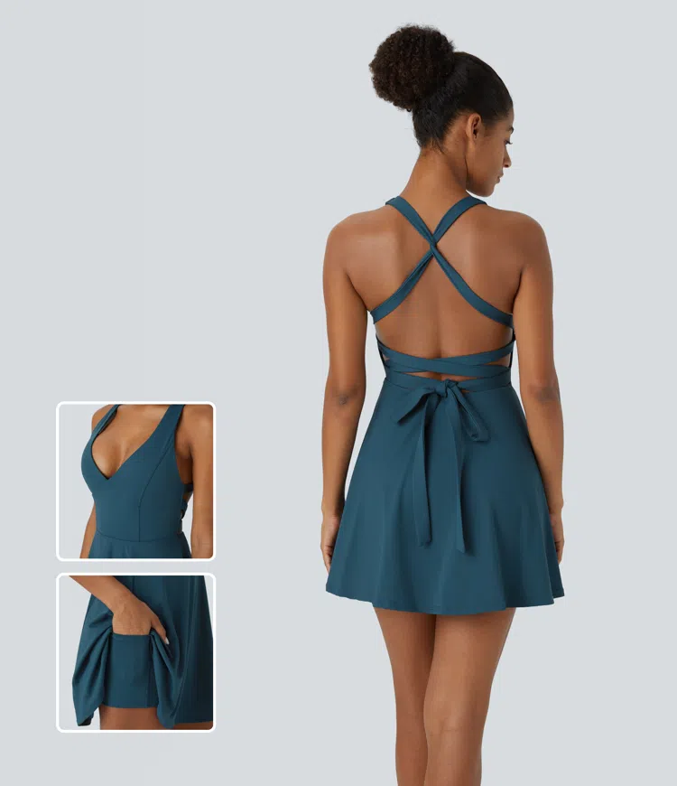 Backless Cross Tie Back 2-in-1 Pocket Flare Mini Dance Active Onepiece