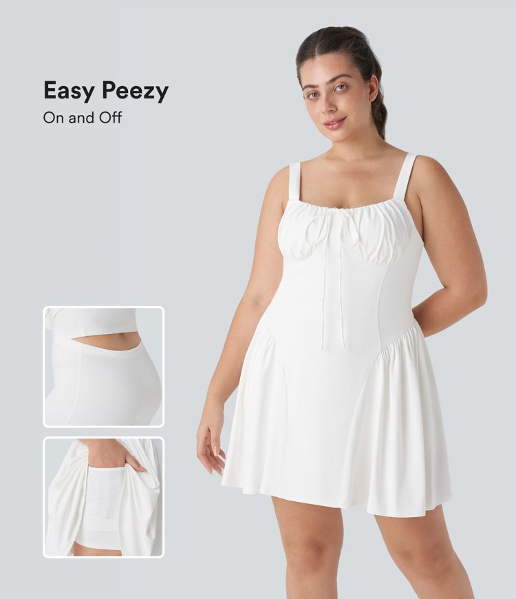 Tie Front Backless 2-in-1 Pocket Mini Slip Dance Plus Size Active Dress-Easy Peezy Edition