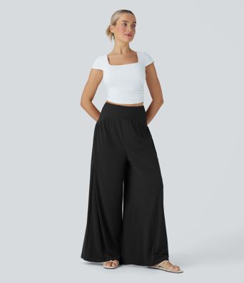 High Waisted Tummy Control Wide Leg Waffle Casual Pants with Pockets