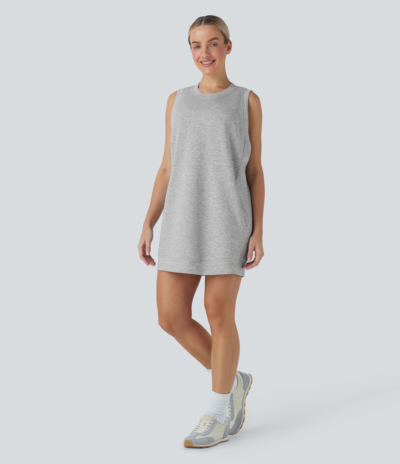 Round Neck Sleeveless Crossover Back Mini Casual Dress with Pockets