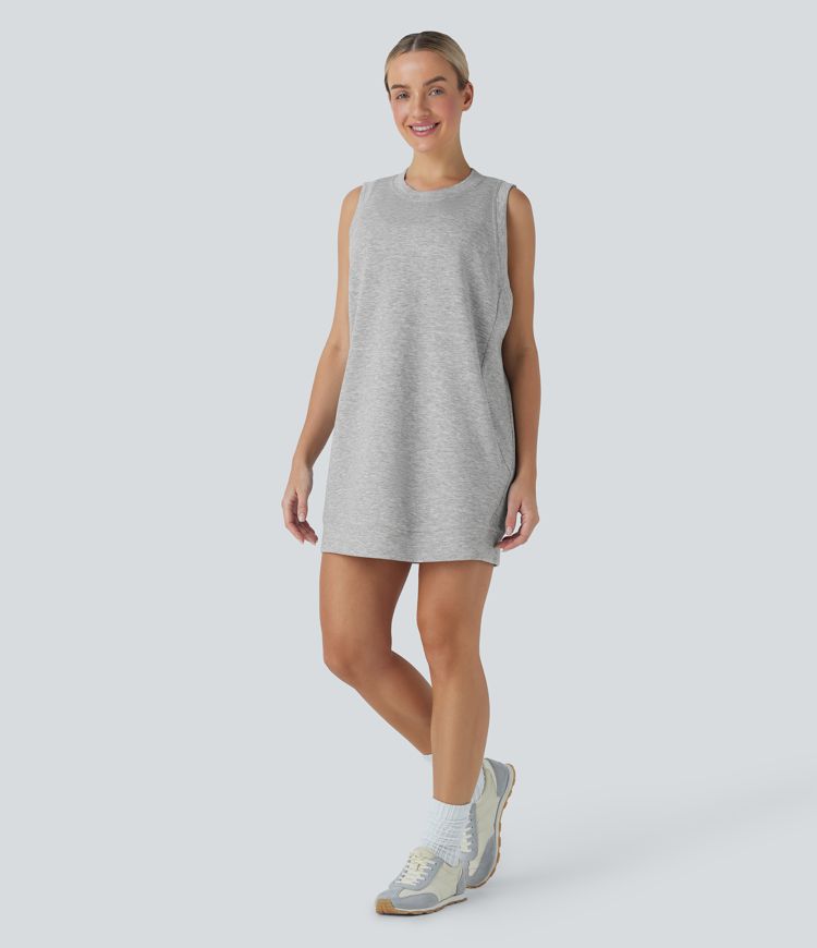 Round Neck Sleeveless Crossover Back Mini Casual Dress with Pockets