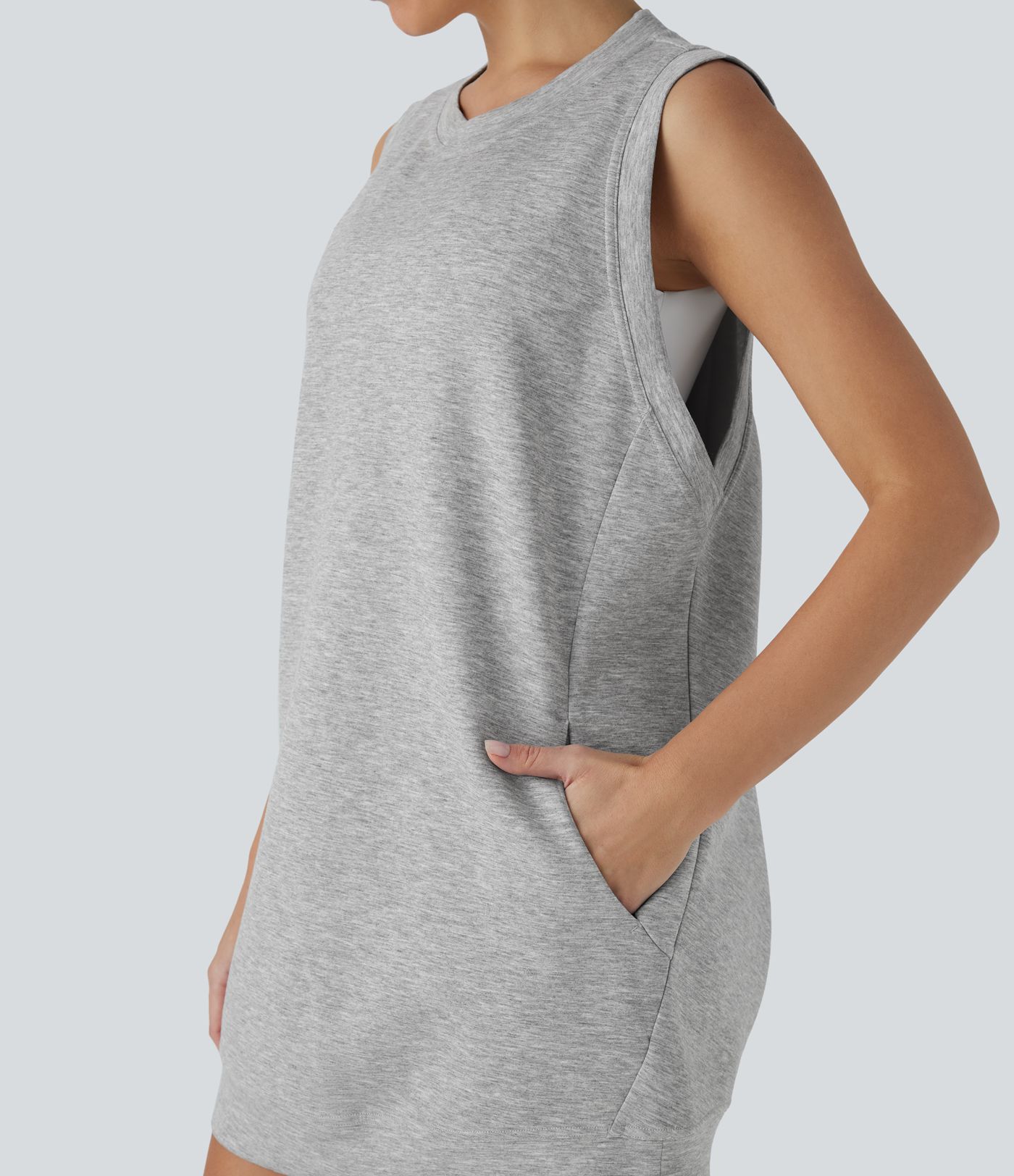 Round Neck Sleeveless Crossover Back Mini Casual Dress with Pockets