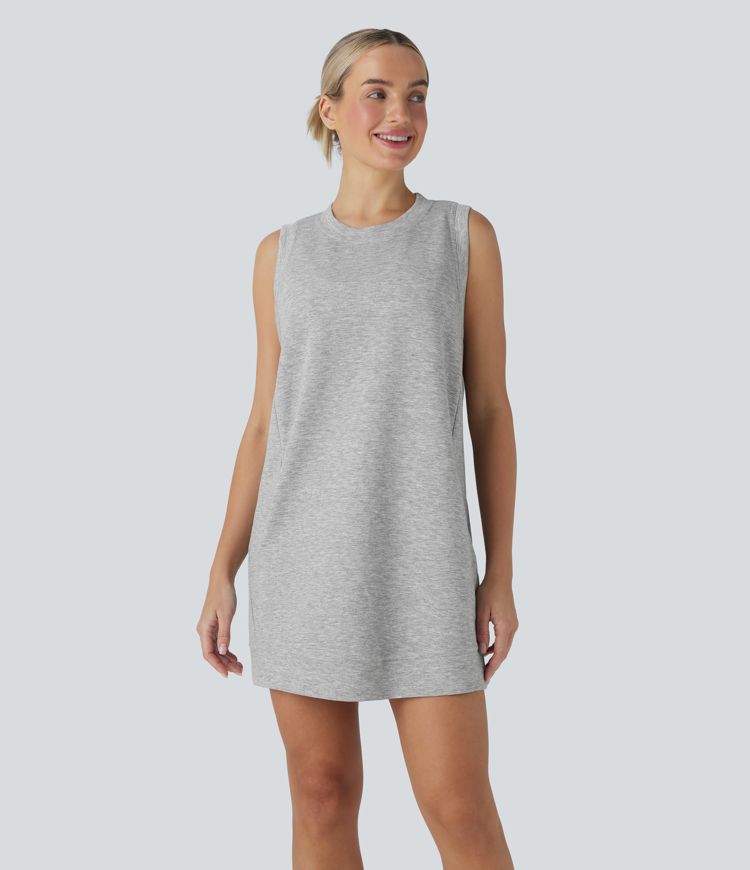 Round Neck Sleeveless Crossover Back Mini Casual Dress with Pockets