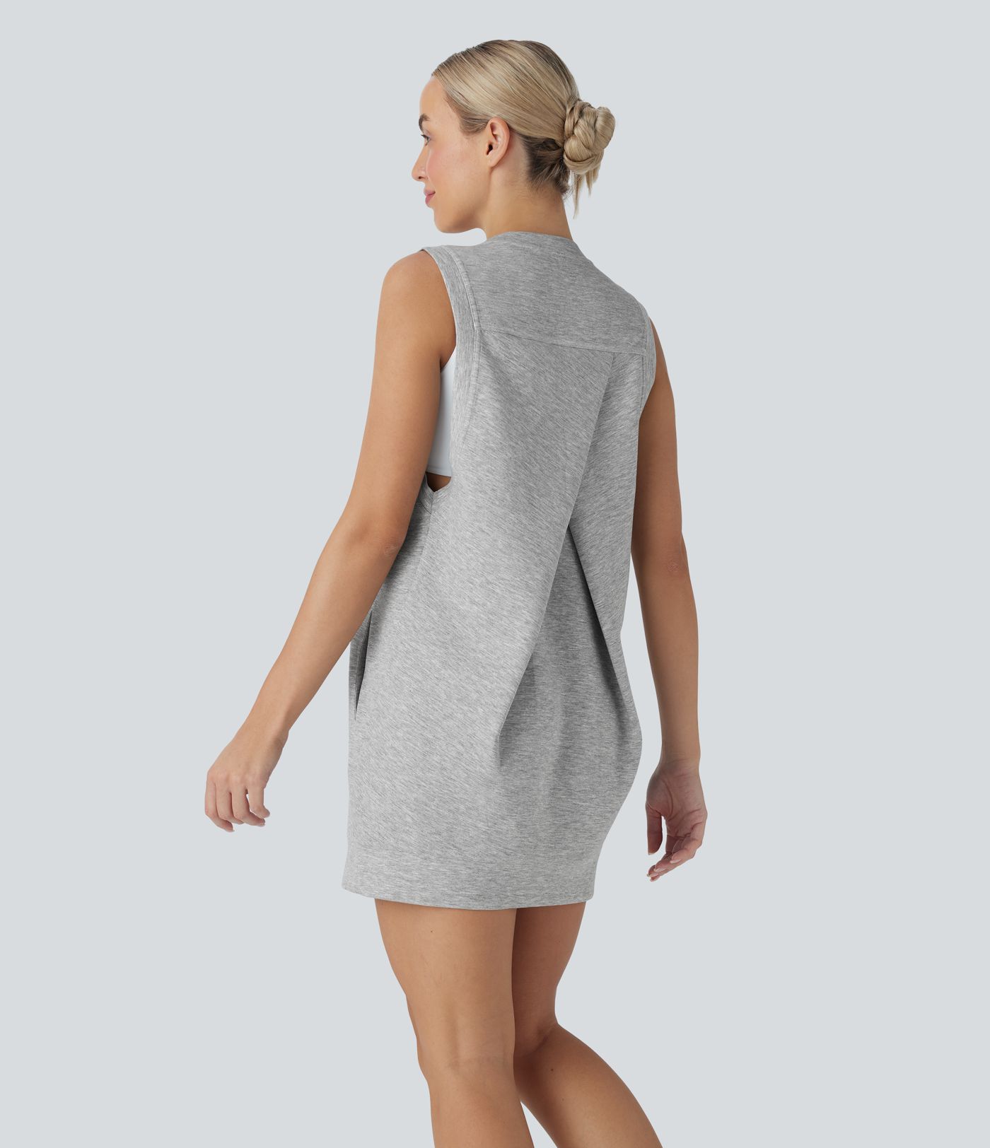 Round Neck Sleeveless Crossover Back Mini Casual Dress with Pockets