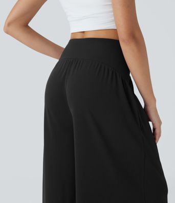 High Waisted Tummy Control Wide Leg Waffle Casual Pants with Pockets