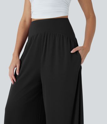 High Waisted Tummy Control Wide Leg Waffle Casual Pants with Pockets