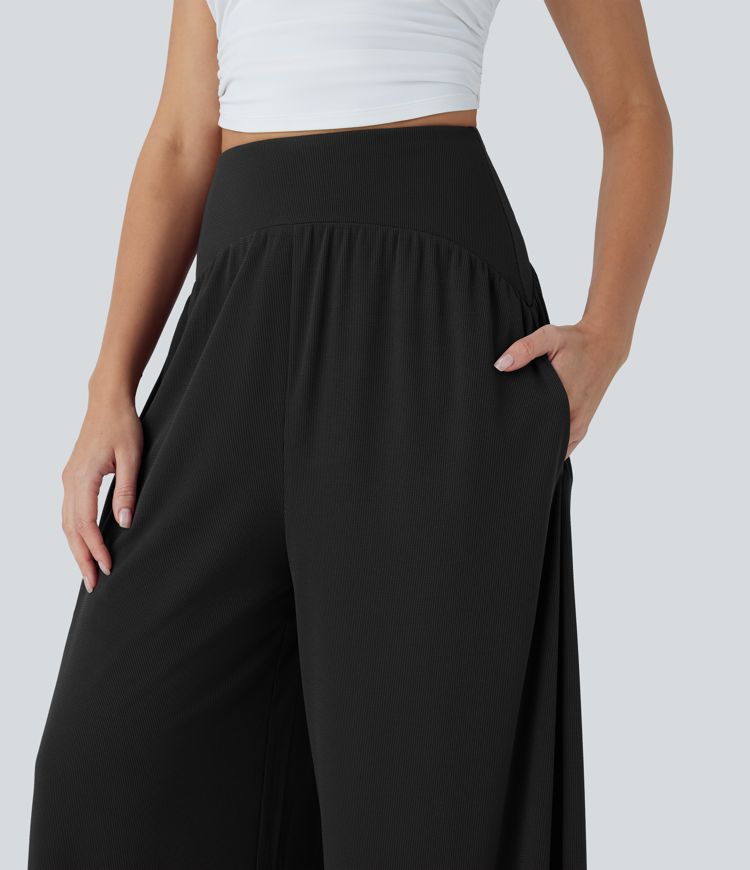 High Waisted Tummy Control Wide Leg Waffle Casual Pants with Pockets