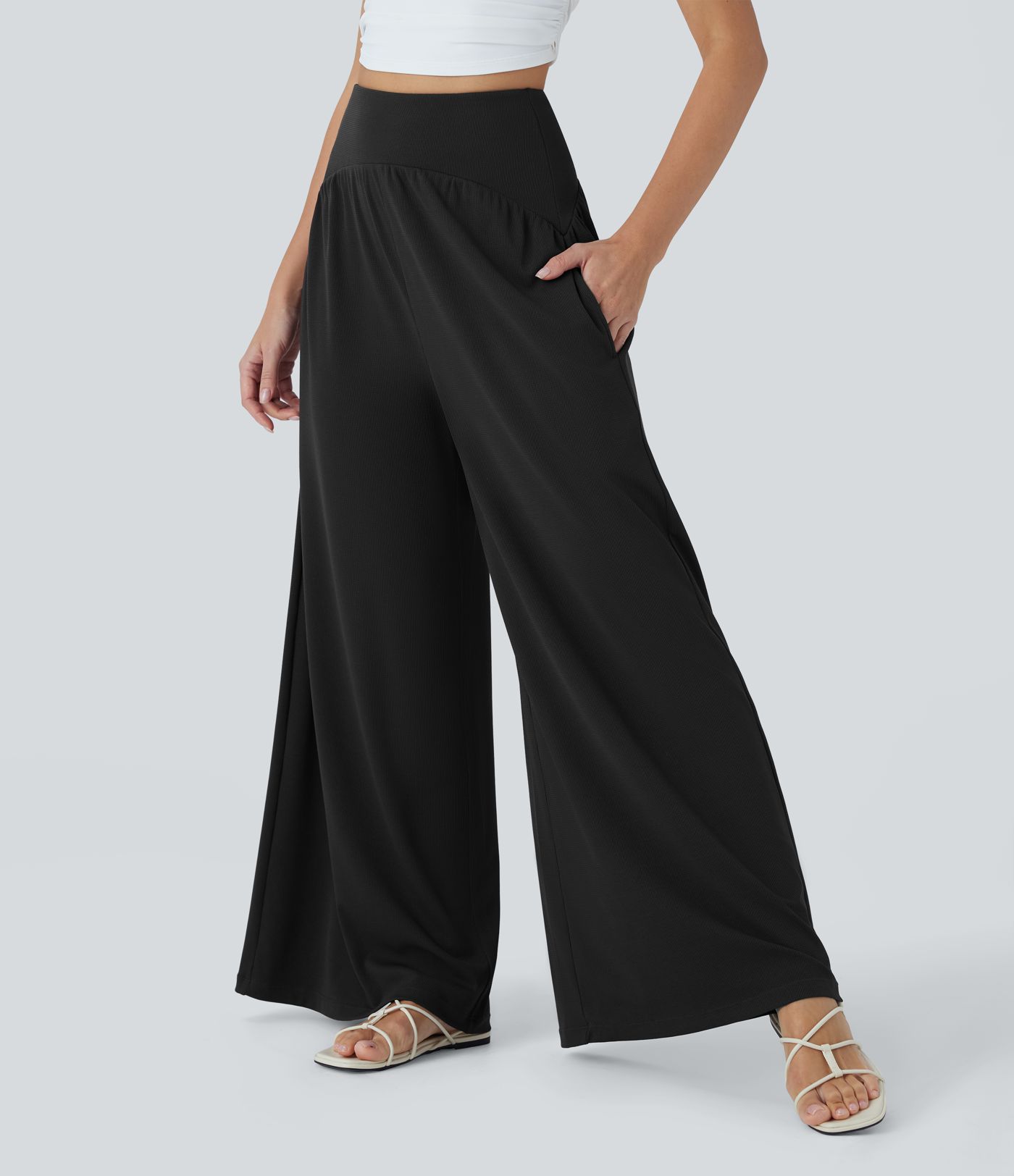 High Waisted Tummy Control Wide Leg Waffle Casual Pants with Pockets