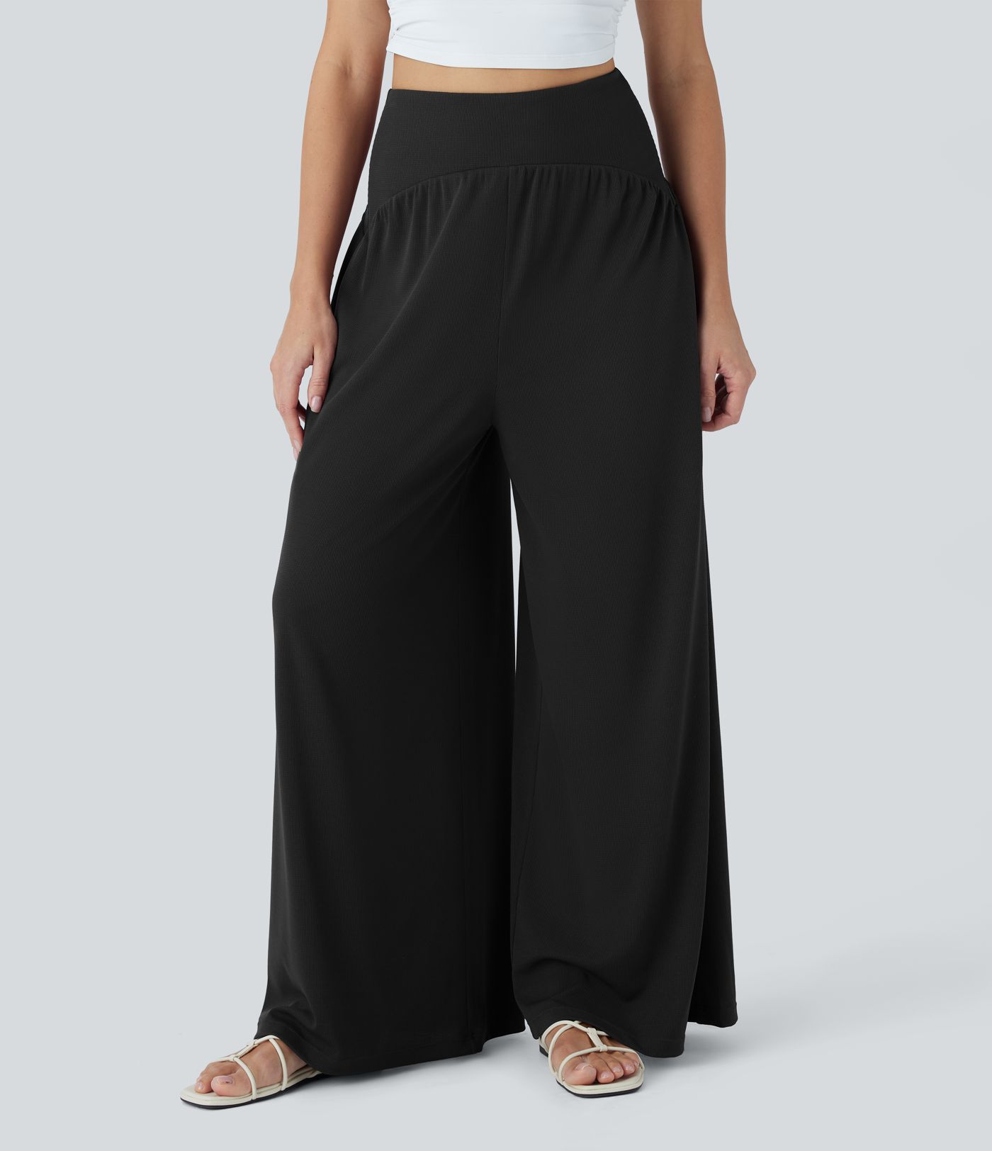 High Waisted Tummy Control Wide Leg Waffle Casual Pants with Pockets