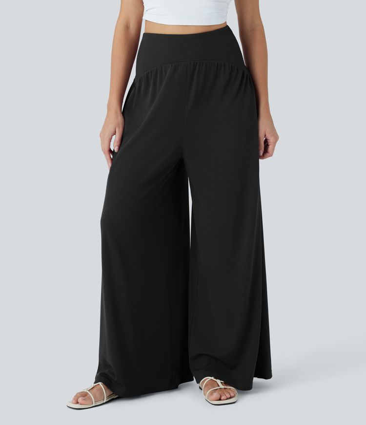 High Waisted Tummy Control Wide Leg Waffle Casual Pants with Pockets