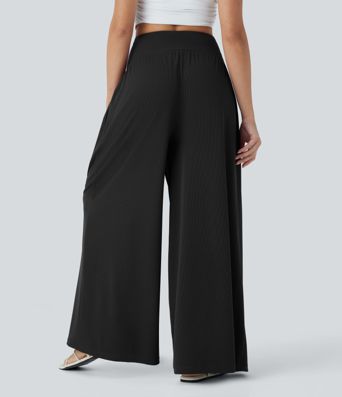 High Waisted Tummy Control Wide Leg Waffle Casual Pants with Pockets