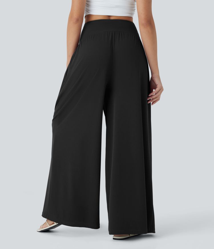 High Waisted Tummy Control Wide Leg Waffle Casual Pants with Pockets