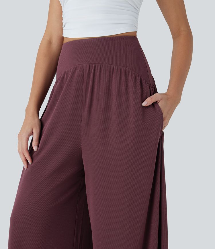 High Waisted Tummy Control Wide Leg Waffle Casual Pants with Pockets
