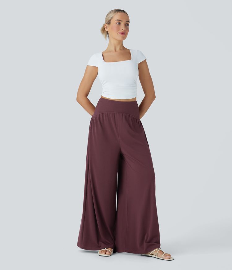 High Waisted Tummy Control Wide Leg Waffle Casual Pants with Pockets