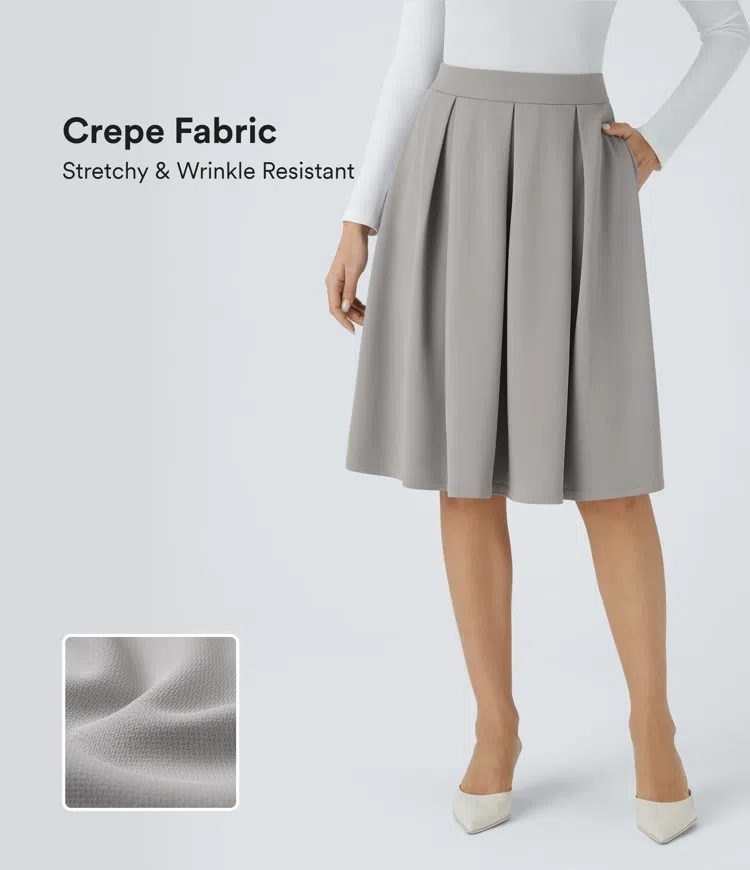 High Waisted Pocket Pleated Crepe Midi Work Skirt