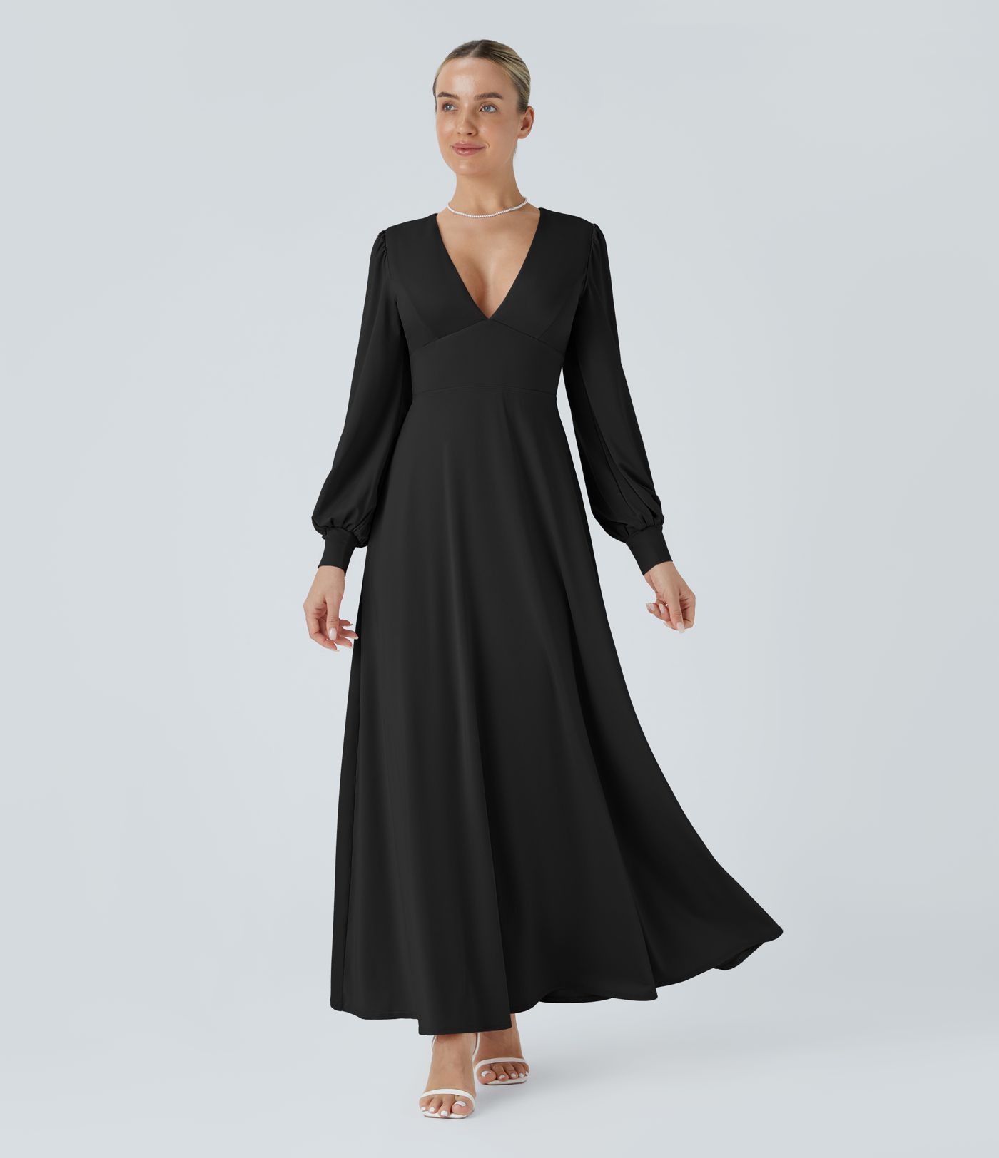 V Neck Long Sleeve Tie Back Bishop Sleeve Maxi Dress