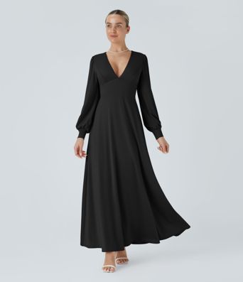 V Neck Long Sleeve Tie Back Bishop Sleeve Maxi Dress