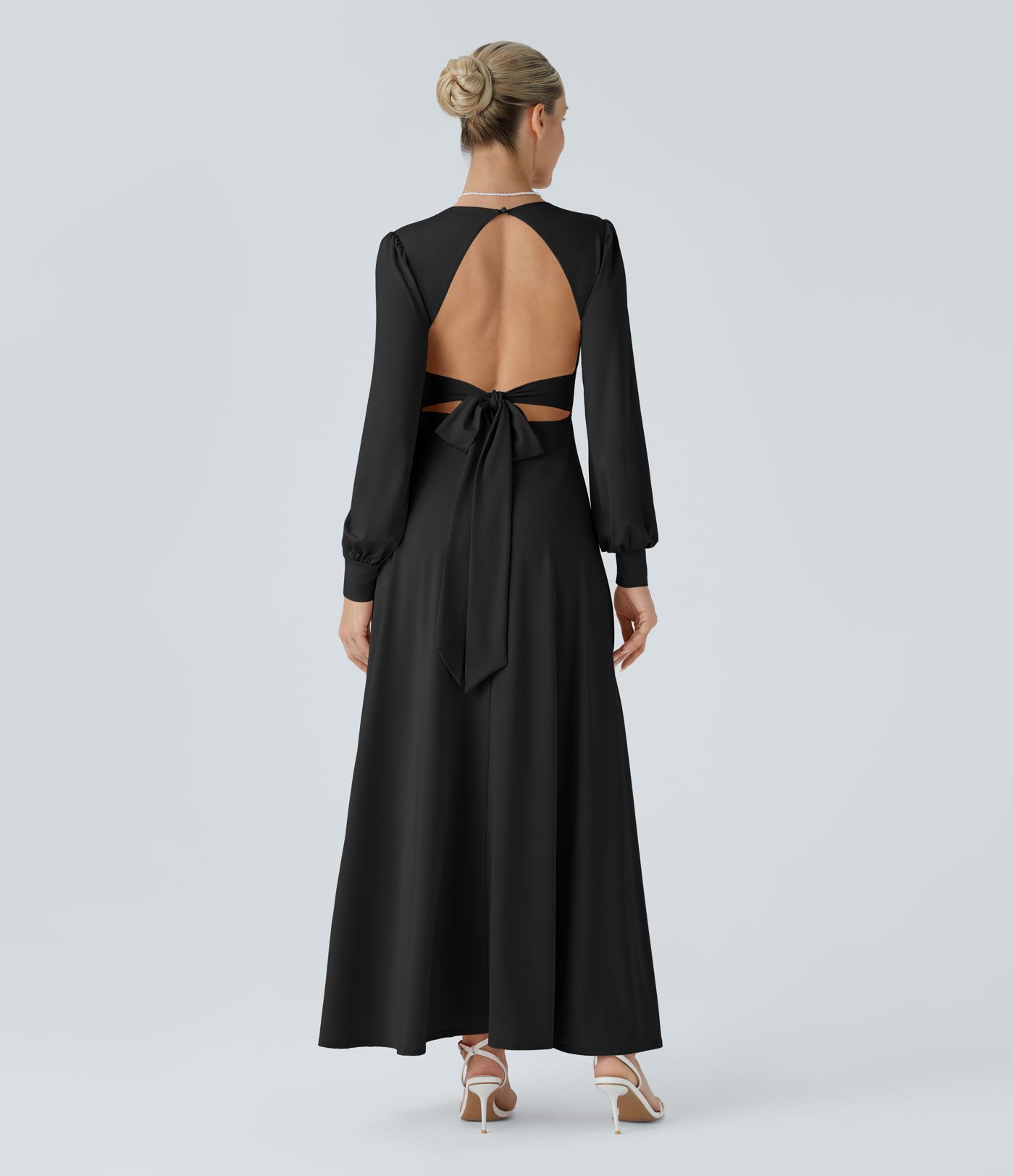 V Neck Long Sleeve Tie Back Bishop Sleeve Maxi Dress