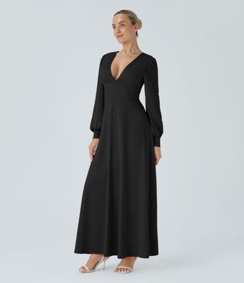 V Neck Long Sleeve Tie Back Bishop Sleeve Maxi Dress