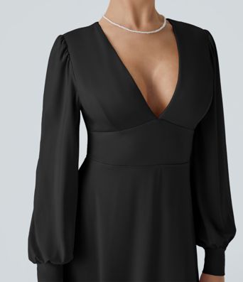 V Neck Long Sleeve Tie Back Bishop Sleeve Maxi Dress