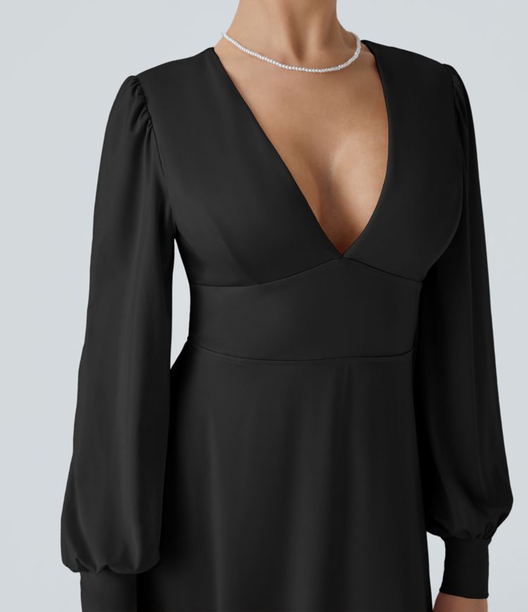 V Neck Long Sleeve Tie Back Bishop Sleeve Maxi Dress