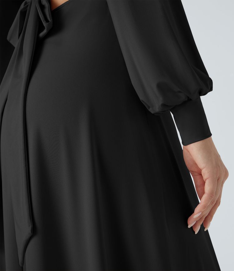 V Neck Long Sleeve Tie Back Bishop Sleeve Maxi Dress