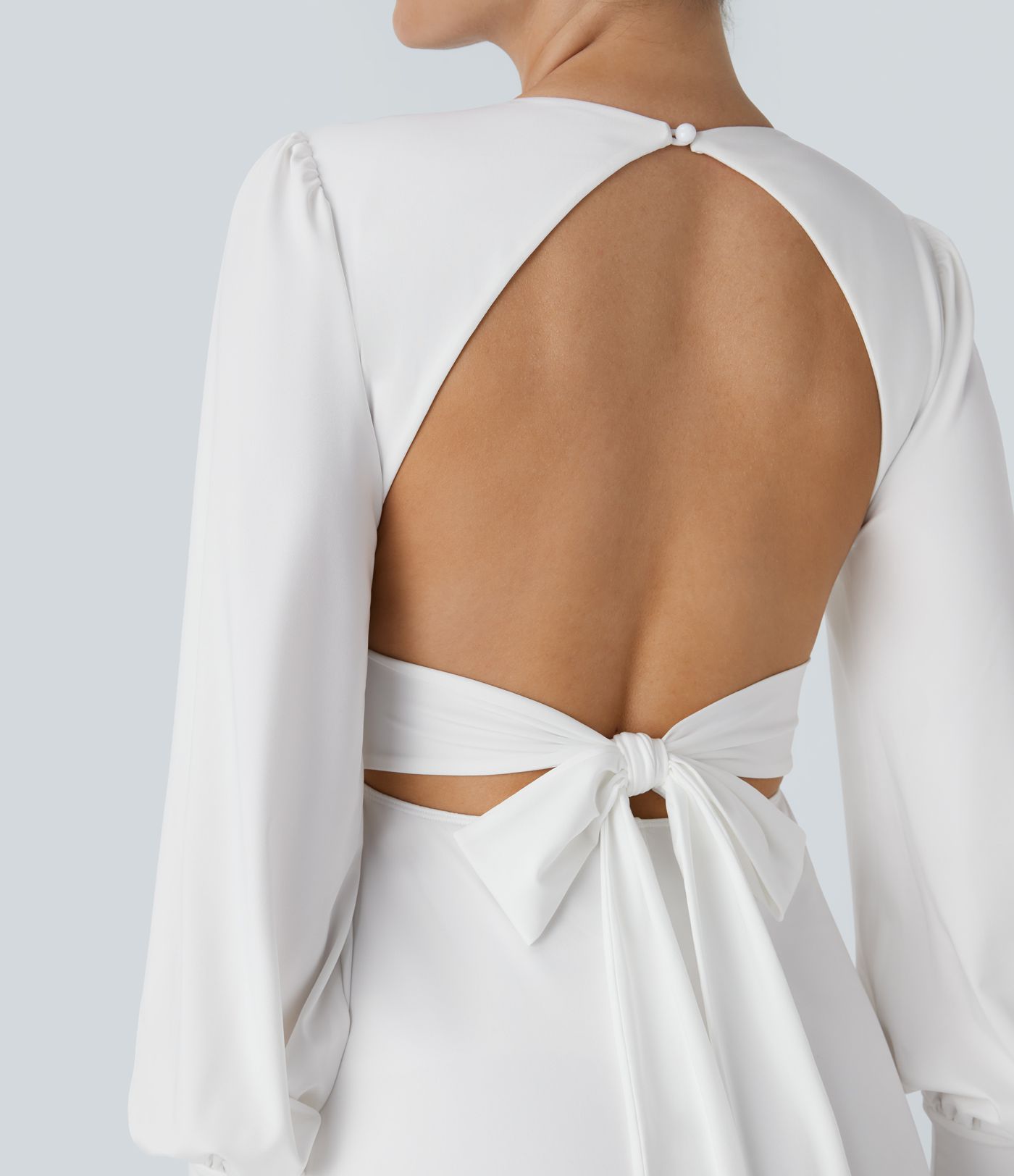 V Neck Long Sleeve Tie Back Bishop Sleeve Maxi Dress