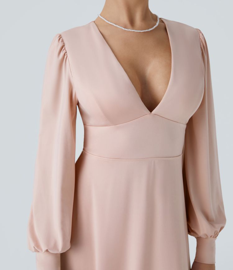 V-Neck Long Sleeve Backless Tie Back Button Bishop Sleeve Maxi Bridesmaid & Wedding Guest Dress