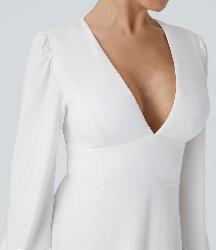 V Neck Long Sleeve Tie Back Bishop Sleeve Maxi Dress