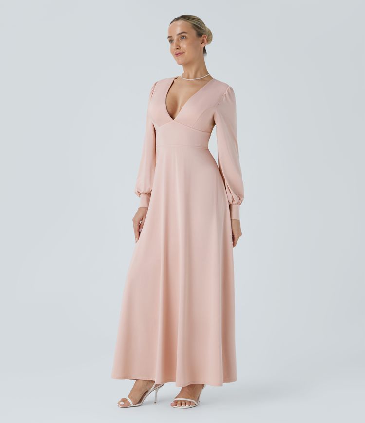 V-Neck Long Sleeve Backless Tie Back Button Bishop Sleeve Maxi Bridesmaid & Wedding Guest Dress