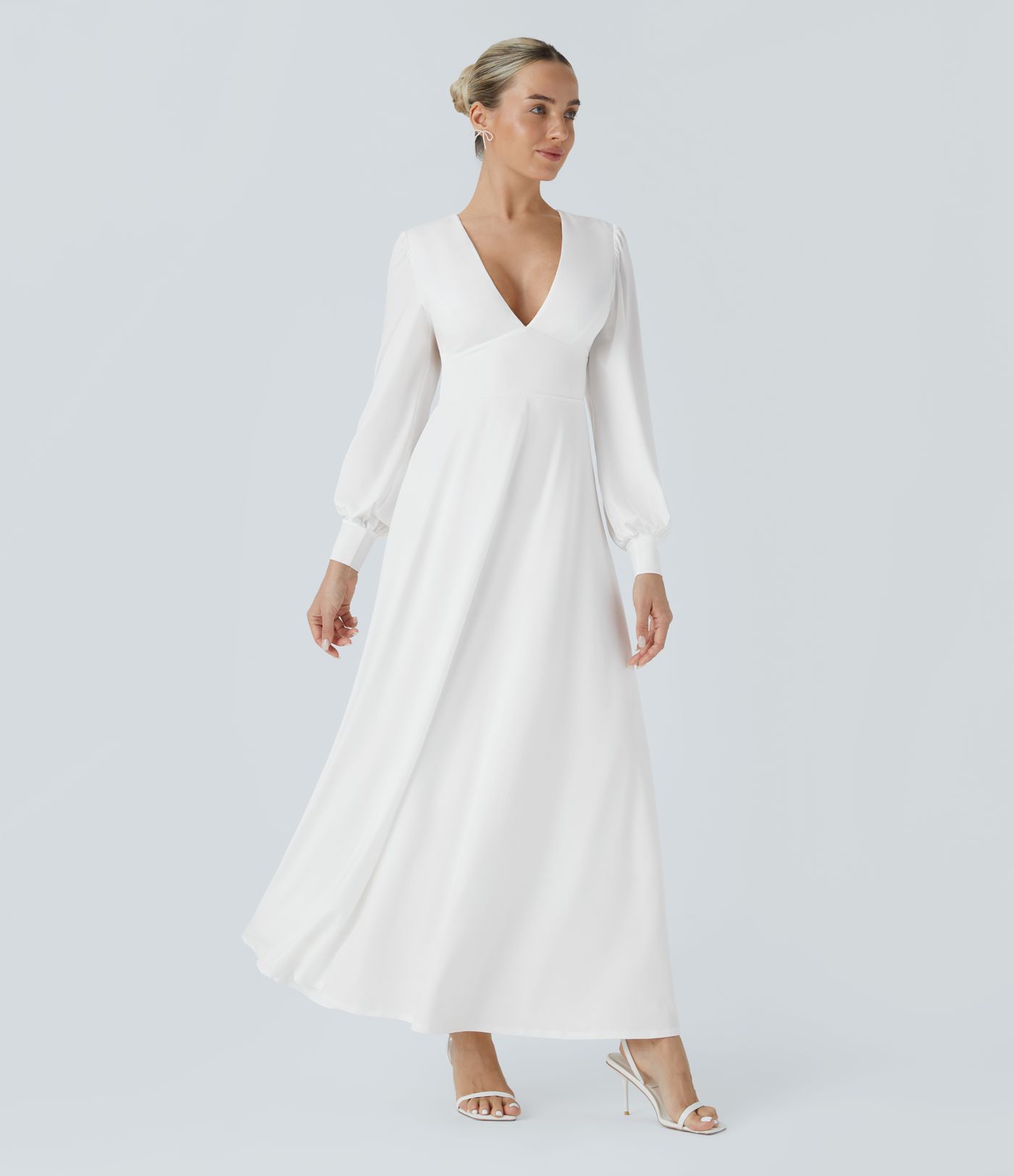 V Neck Long Sleeve Tie Back Bishop Sleeve Maxi Dress
