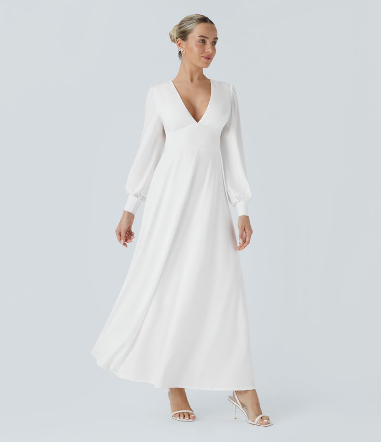 V Neck Long Sleeve Tie Back Bishop Sleeve Maxi Dress