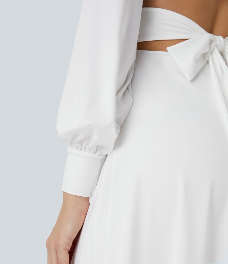 V Neck Long Sleeve Tie Back Bishop Sleeve Maxi Dress