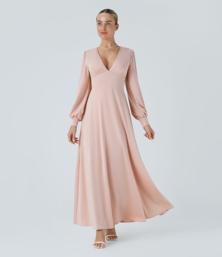V-Neck Long Sleeve Backless Tie Back Button Bishop Sleeve Maxi Bridesmaid & Wedding Guest Dress