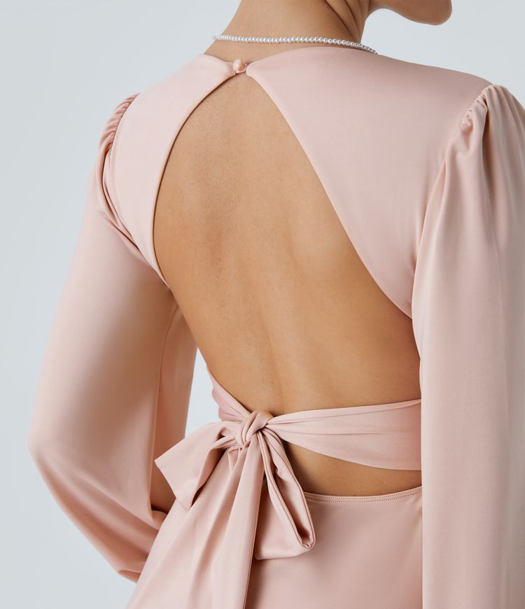 V-Neck Long Sleeve Backless Tie Back Button Bishop Sleeve Maxi Bridesmaid & Wedding Guest Dress