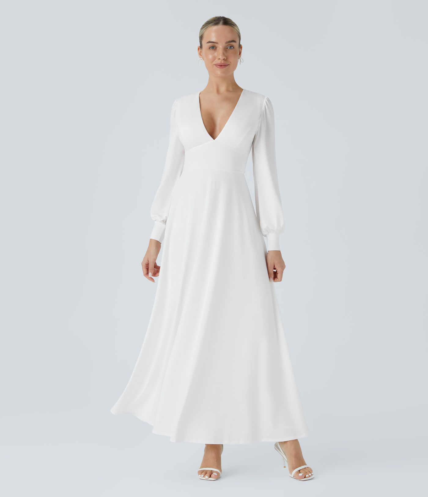 V Neck Long Sleeve Tie Back Bishop Sleeve Maxi Dress