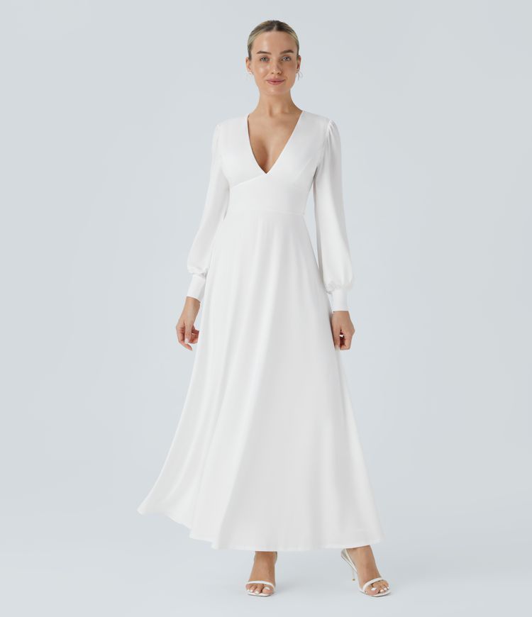 V Neck Long Sleeve Tie Back Bishop Sleeve Maxi Dress