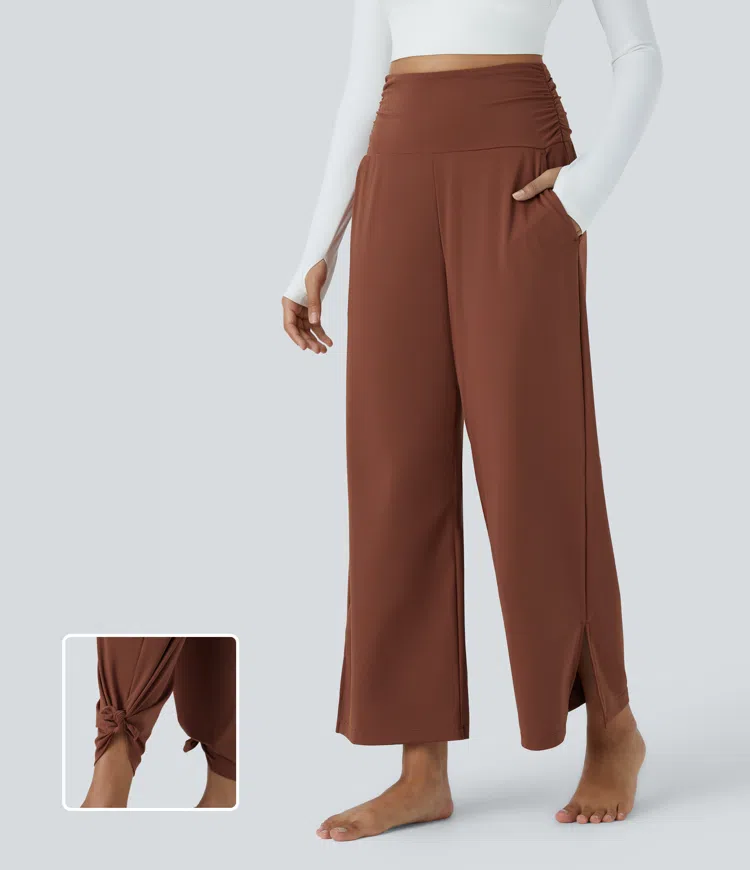 High Waisted Ruched Pocket Wide Leg Hem Yoga Pants