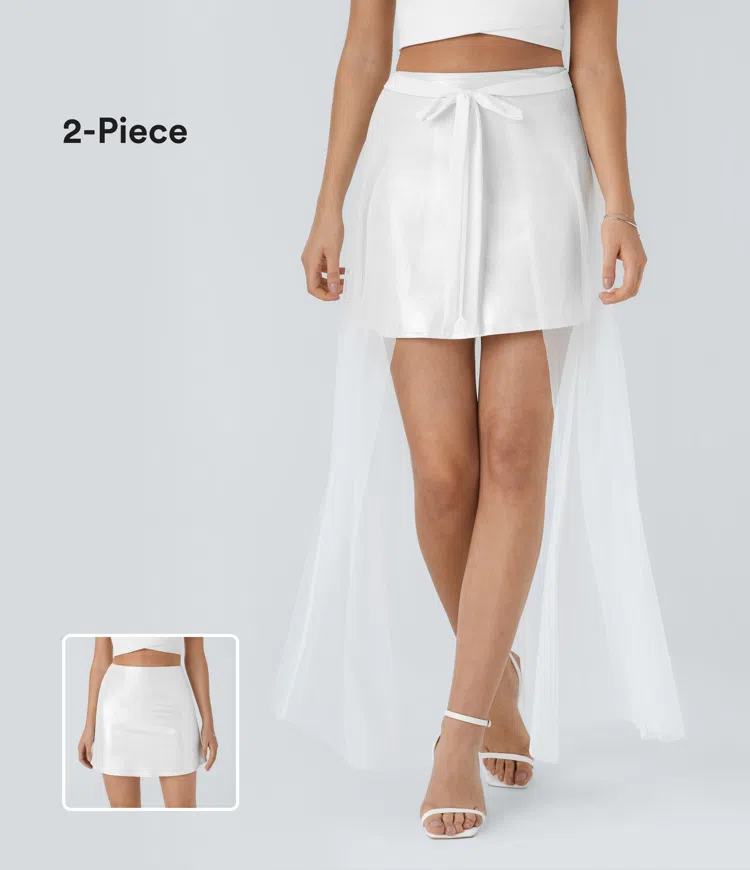 SoftlyZero™ Faux Leather Mesh High Waisted A Line Metallic Foil Print Stretchy 2-Piece Mini Skirt