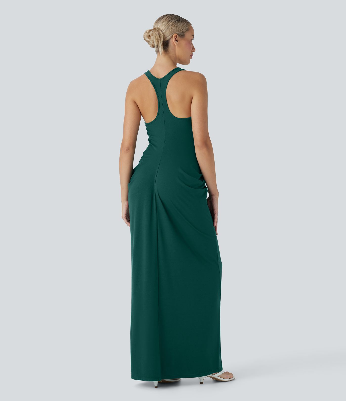 Vestido largo casual fruncido con espalda nadadora, escote en V profundo y espalda descubierta