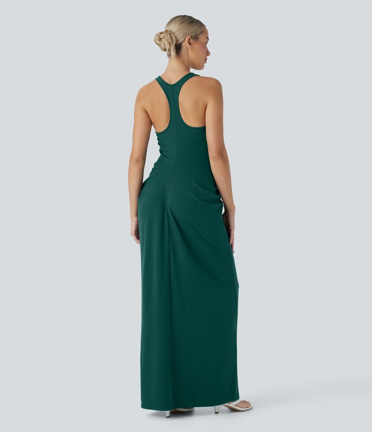 Vestido largo casual fruncido con espalda nadadora, escote en V profundo y espalda descubierta