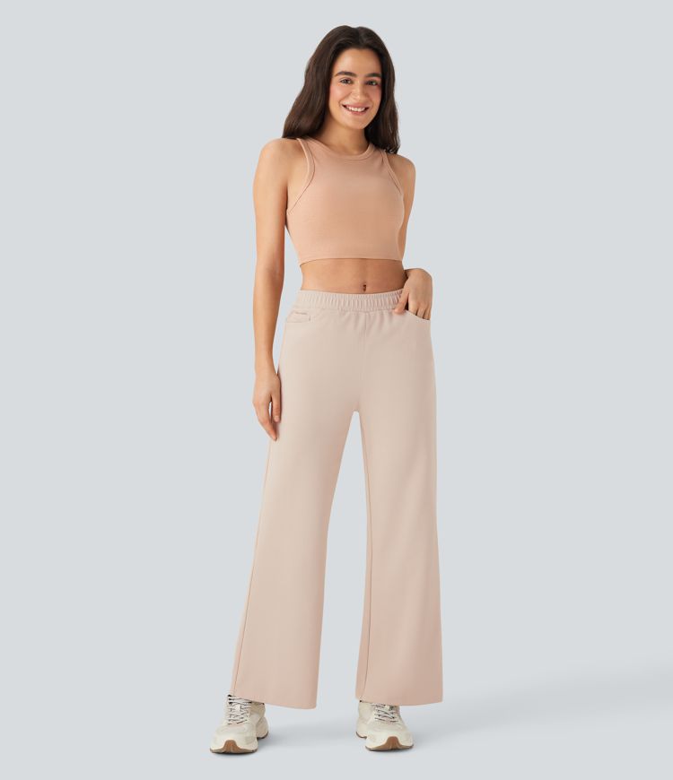 Low Rise Drawstring Straight Leg Yoga Trousers with Side Pockets