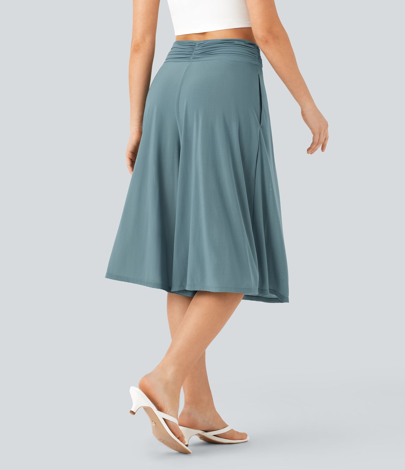 Sheer Mesh High Waisted 2-in-1 Flowy Wide Leg Resort Cropped Capri Trousers with Pockets