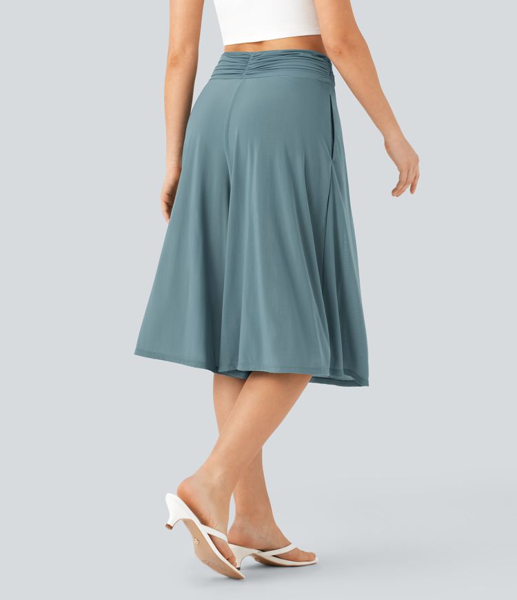 Sheer Mesh High Waisted 2-in-1 Flowy Wide Leg Resort Cropped Capri Trousers with Pockets