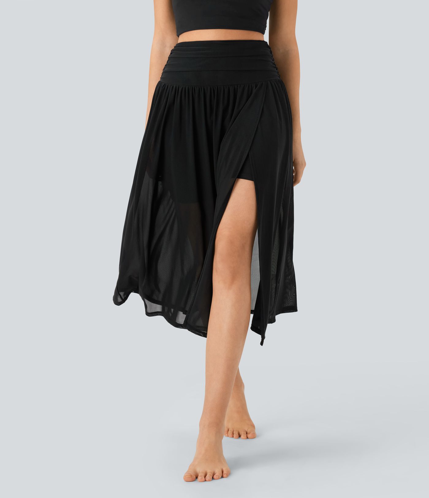 Hohe Taille 2-in-1 Fließender Midi-Tanzrock mit Tasche